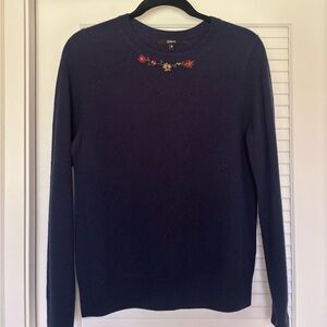 Quince Navy cashmere Sweater with Floral Embroidery